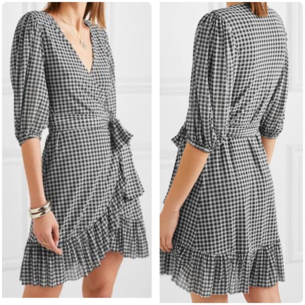 Ganni Gingham Checkered Ruffled Mesh Mini Wrap Dress